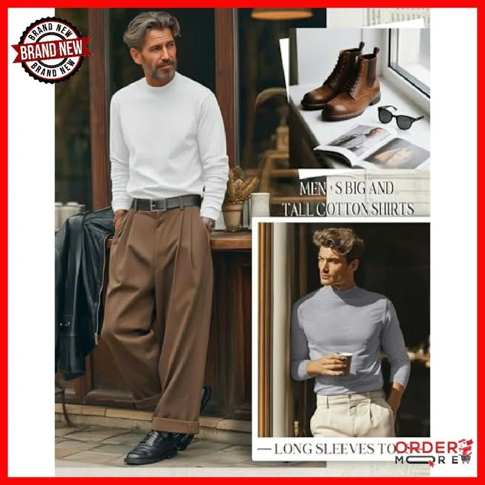 Men's Big Tall Mock Turtleneck Long Sleeve Cotton Tees 3-Pack Loose Fit